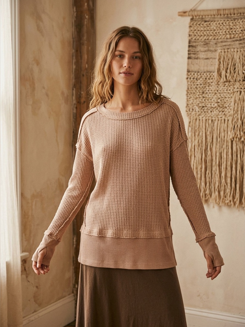Free People Tan Wafle Knit Cotton Top Sz XS lightweight layer